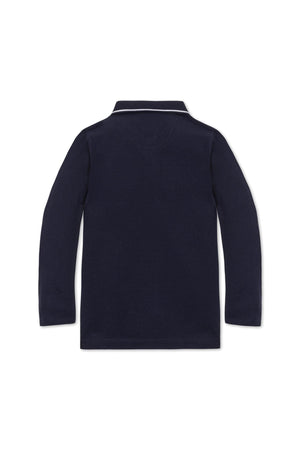 Back view of a navy long sleeve polo shirt featuring a classic pointed collar and a clean design. Made from soft organic cotton, its suitable for boys aged 2T-14.