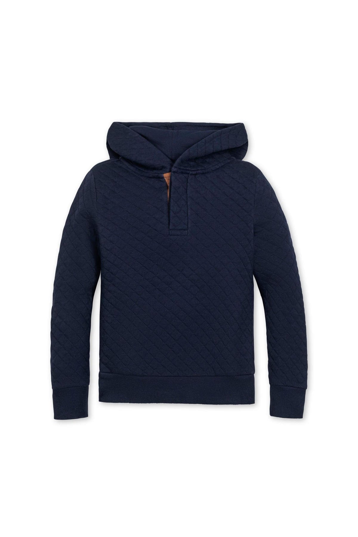 Navy quilted hooded sweatshirt made of organic cotton, featuring a henley button placket and ribbed cuffs.