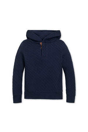 Navy quilted hooded sweatshirt made of organic cotton, featuring a henley button placket and ribbed cuffs.