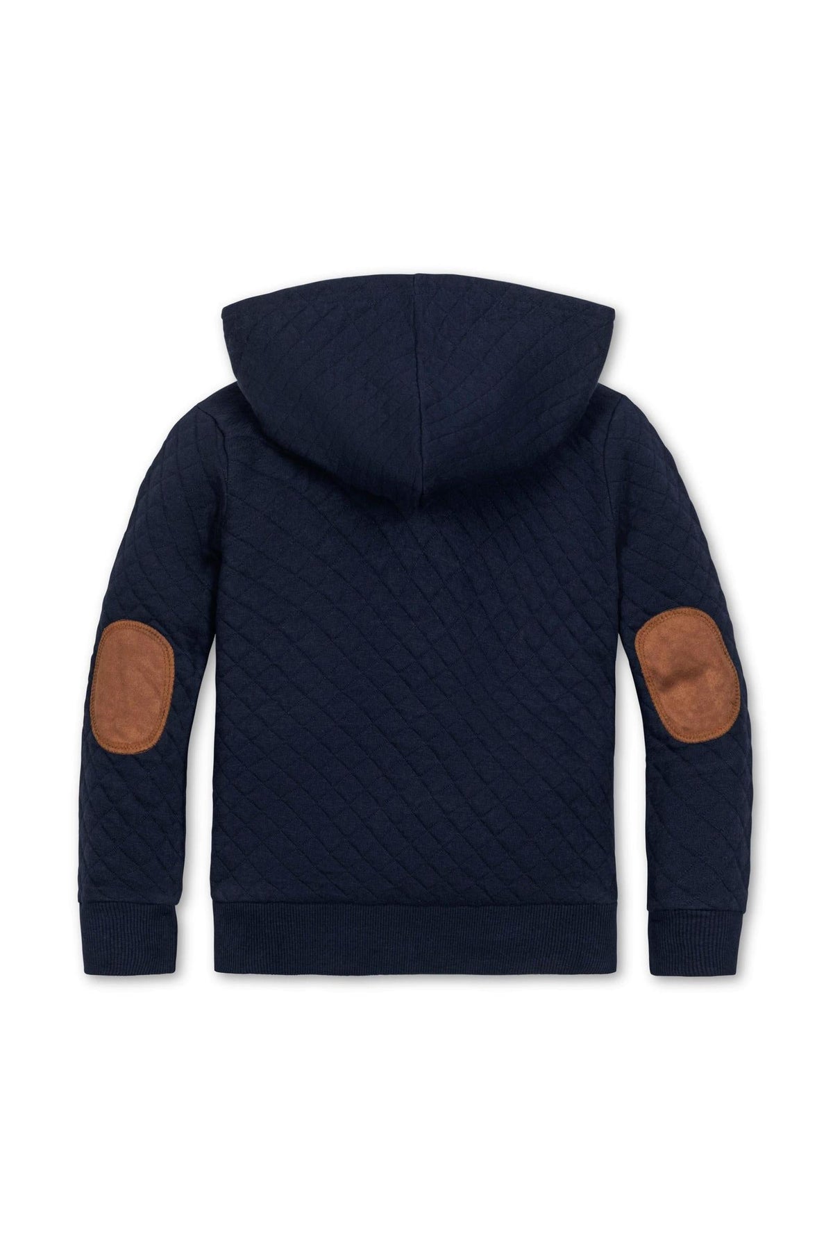Navy quilted hoodie for boys with brown elbow patches, made from organic cotton. Features ribbed cuffs and hem.