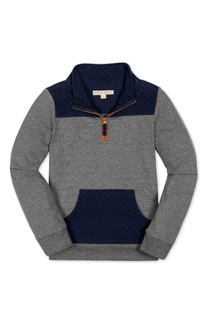 A gray organic cotton pullover with a half-zip mock neck features navy diamond quilted fabric at the yoke and a front kanga pocket, ideal for boys casual wear.