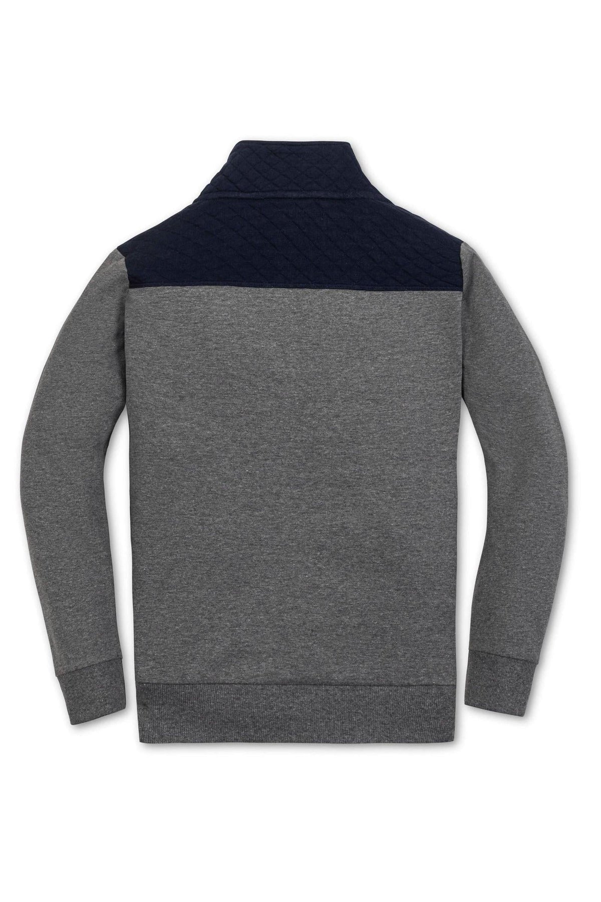 Back view of a Hope & Henry organic cotton pullover, featuring a gray body with a navy diamond quilted yoke. The half-zip mock neck adds a stylish touch for layering.