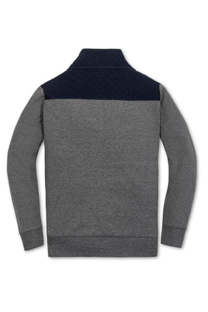 Back view of a Hope & Henry organic cotton pullover, featuring a gray body with a navy diamond quilted yoke. The half-zip mock neck adds a stylish touch for layering.