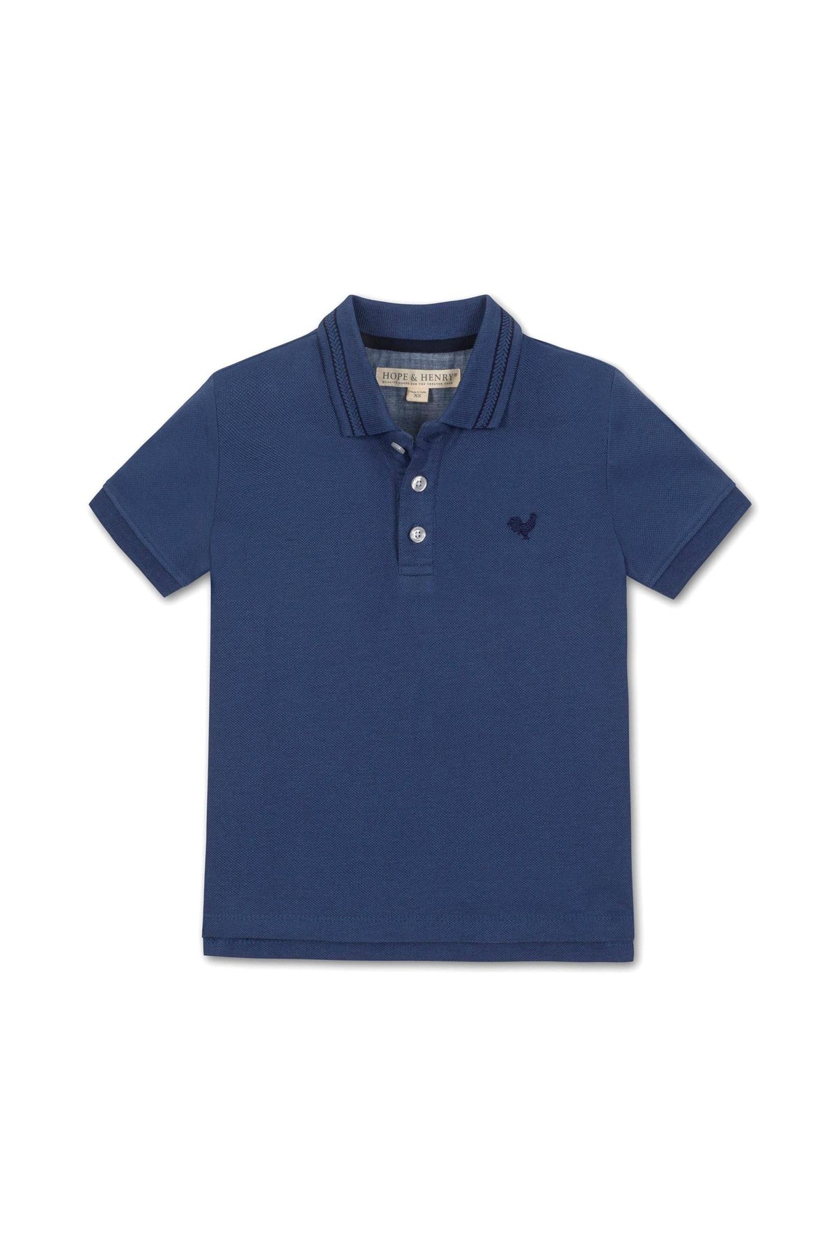Navy blue organic cotton piqué polo shirt by Hope & Henry featuring a flat knit collar and short sleeves.