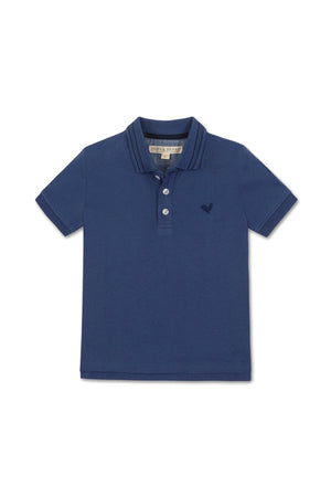 Navy blue organic cotton piqué polo shirt by Hope & Henry featuring a flat knit collar and short sleeves.