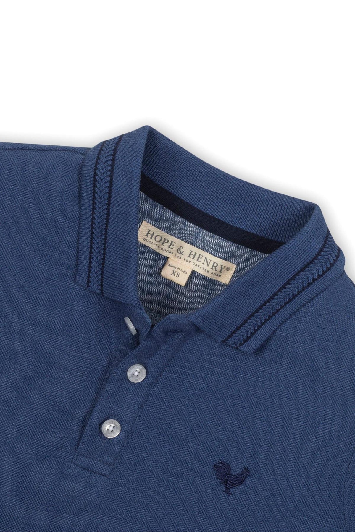 Navy blue organic cotton piqué polo shirt by Hope & Henry featuring a flat knit collar and three buttons.