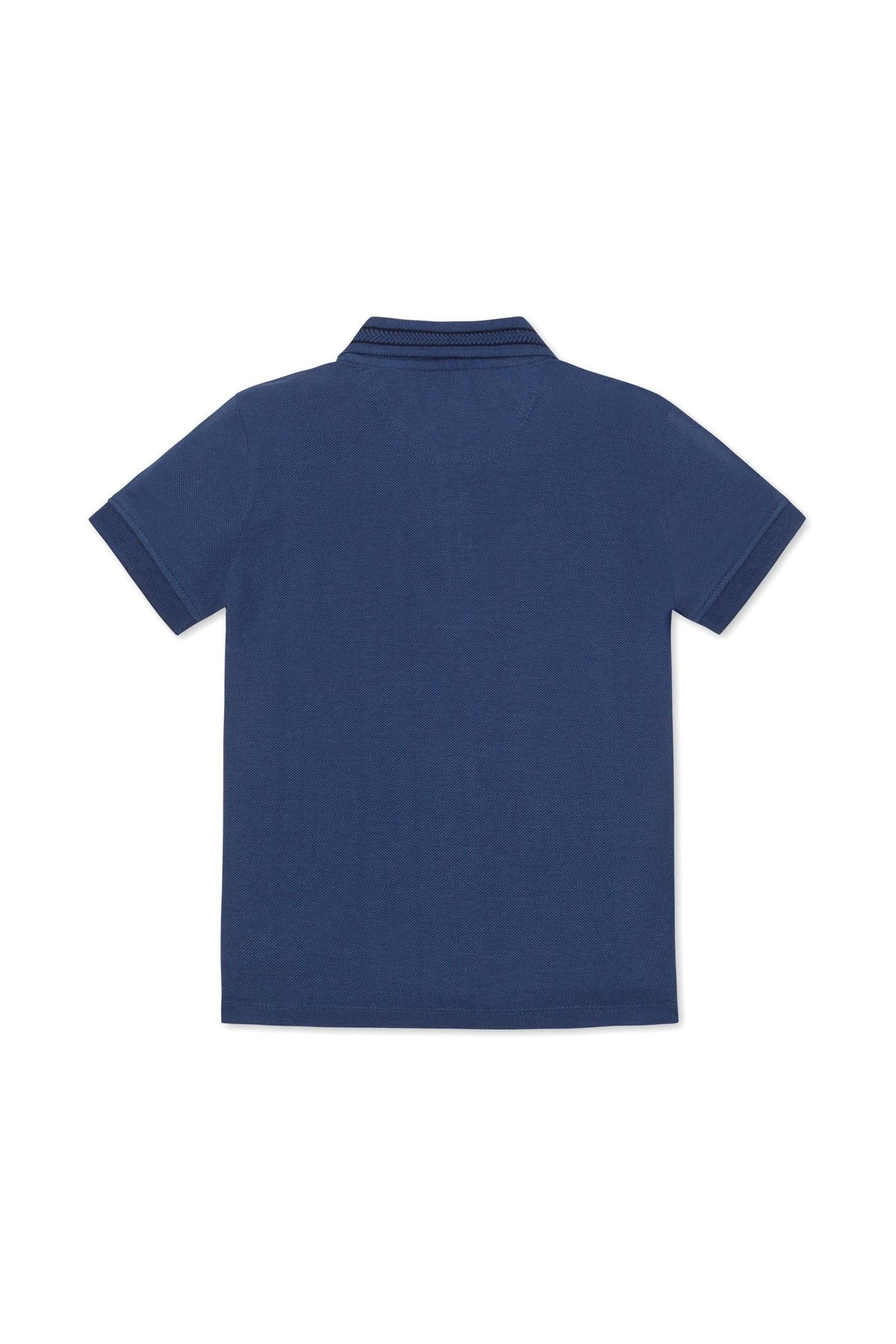 Back view of a navy blue organic cotton polo shirt with a flat knit collar and short sleeves, showcasing its.