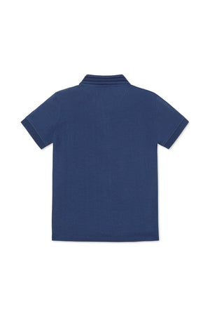 Back view of a navy blue organic cotton polo shirt with a flat knit collar and short sleeves, showcasing its.