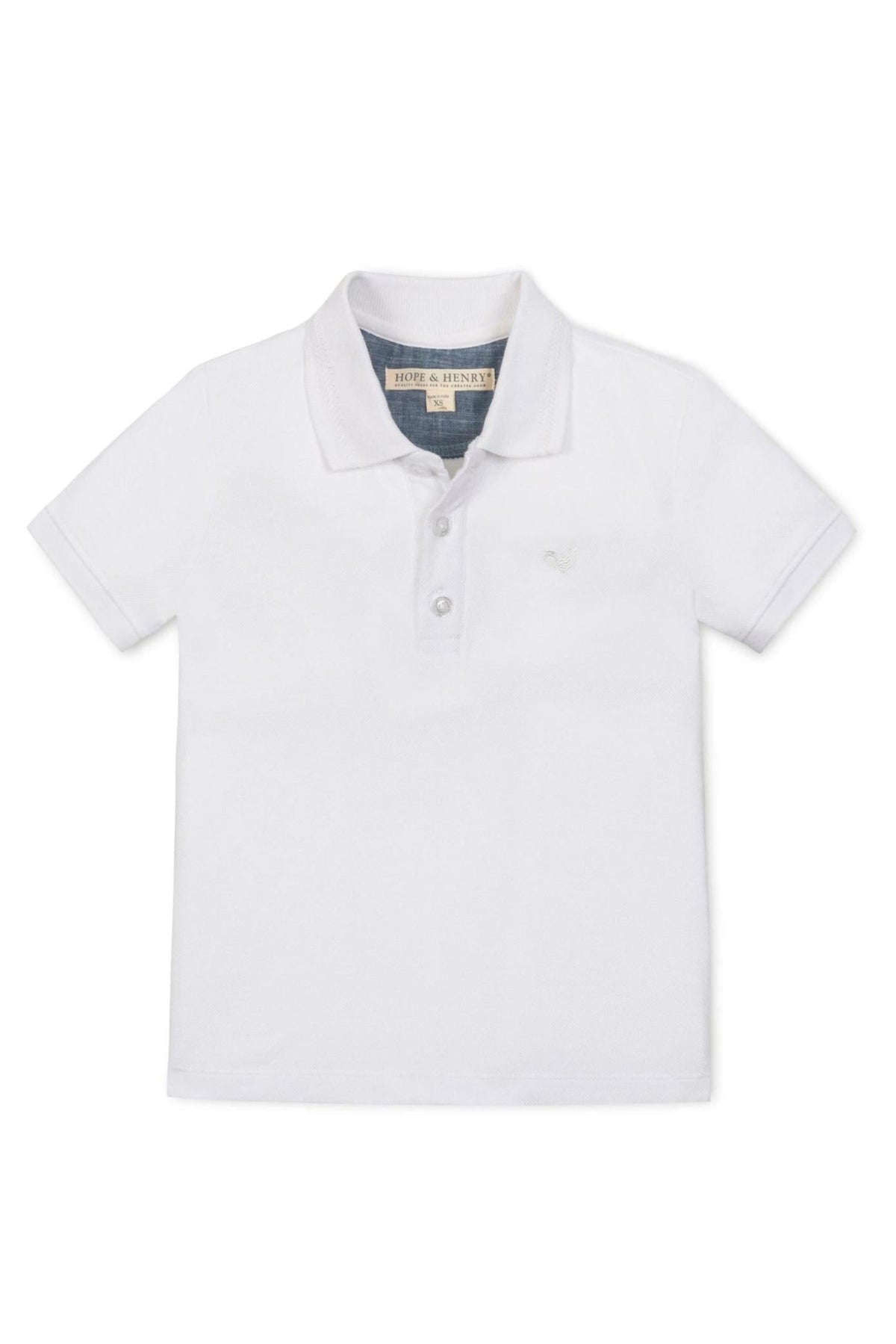 White short-sleeve polo shirt made from organic cotton, featuring a flat-knit collar and front button placket.
