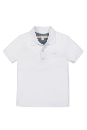 White short-sleeve polo shirt made from organic cotton, featuring a flat-knit collar and front button placket.