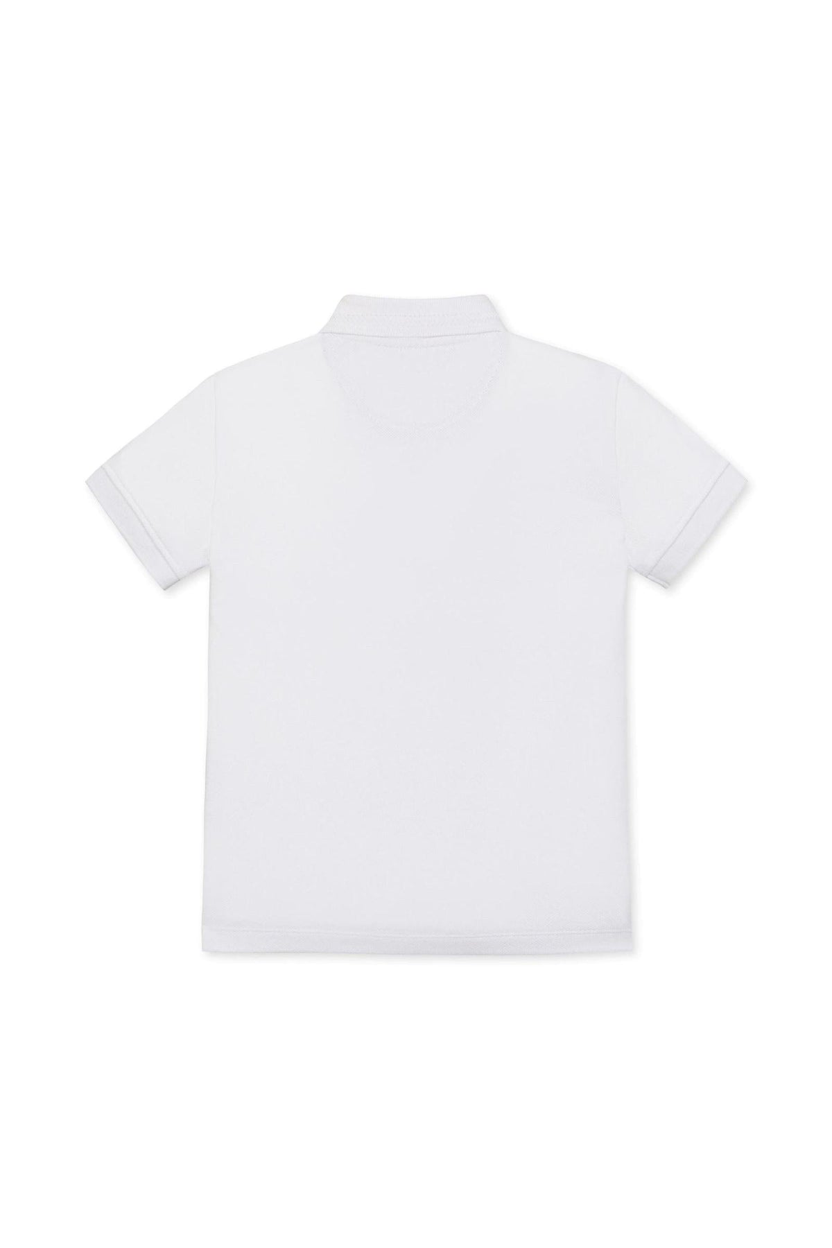 Back view of a plain white short-sleeve polo shirt made from organic cotton, featuring a flat-knit collar.