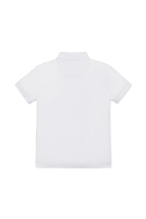 Back view of a plain white short-sleeve polo shirt made from organic cotton, featuring a flat-knit collar.