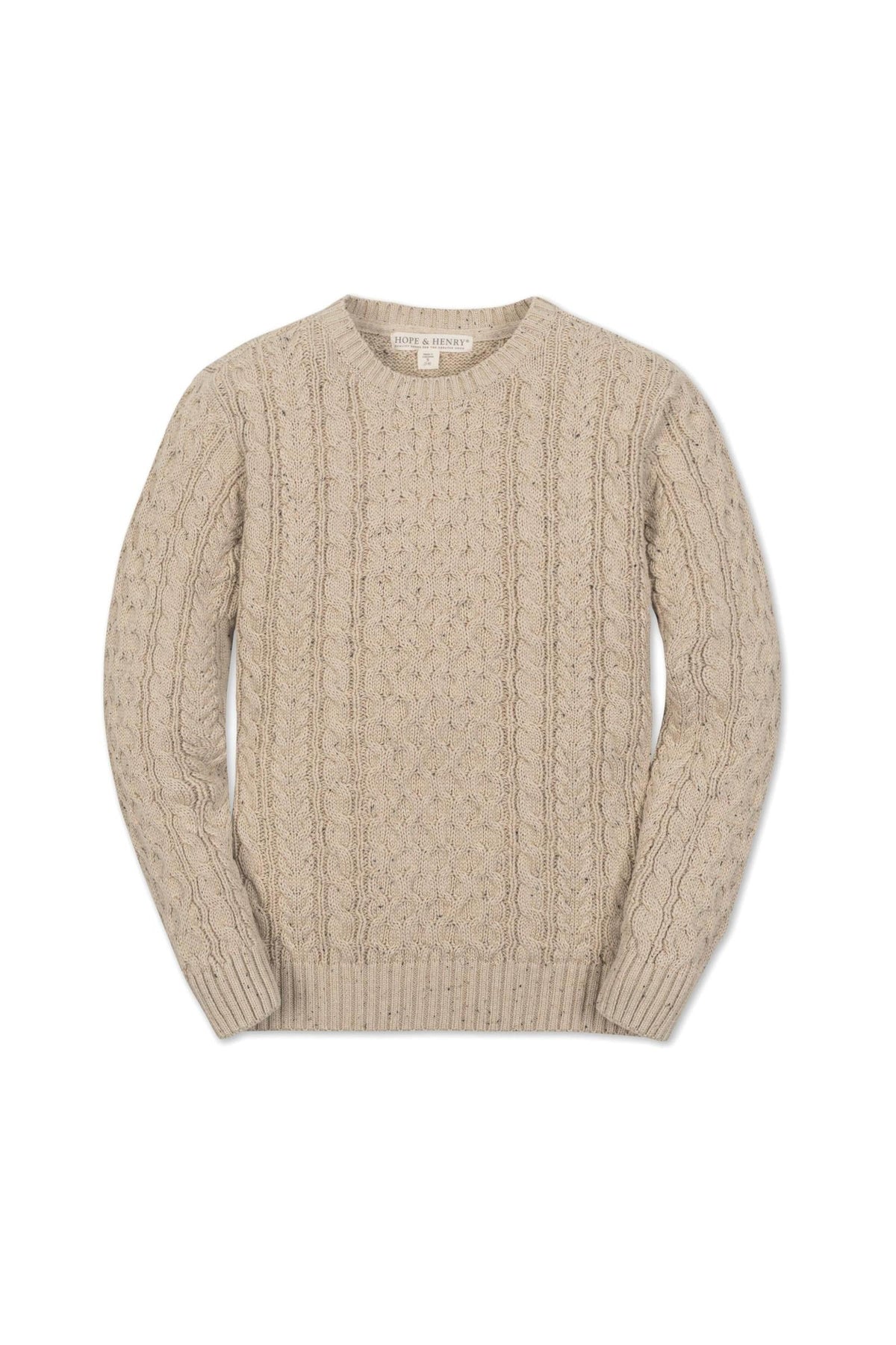 Beige organic cotton fisherman sweater featuring a textured cable knit design, perfect for keeping warm in cooler weather.