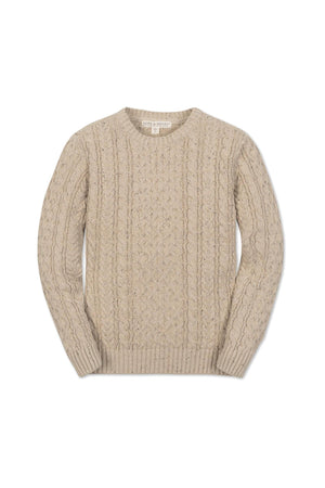 Beige organic cotton fisherman sweater featuring a textured cable knit design, perfect for keeping warm in cooler weather.