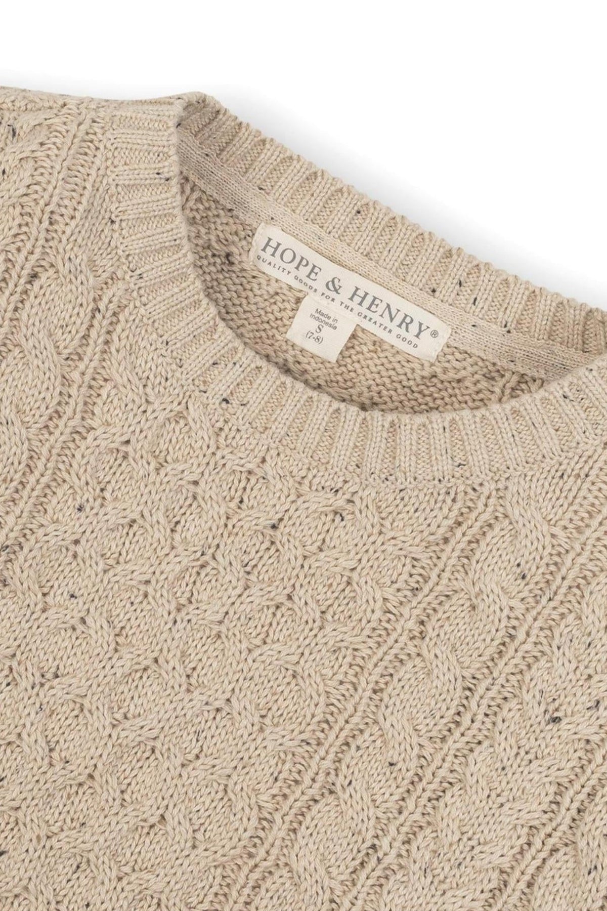 Beige organic cotton fisherman sweater from Hope & Henry, featuring a textured cable knit design and a classic crew neckline.