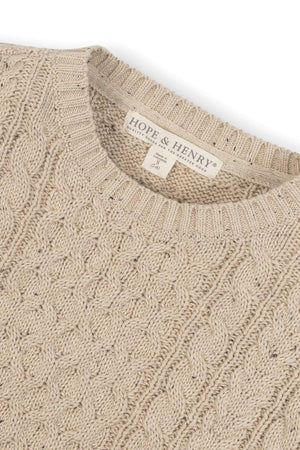 Beige organic cotton fisherman sweater from Hope & Henry, featuring a textured cable knit design and a classic crew neckline.