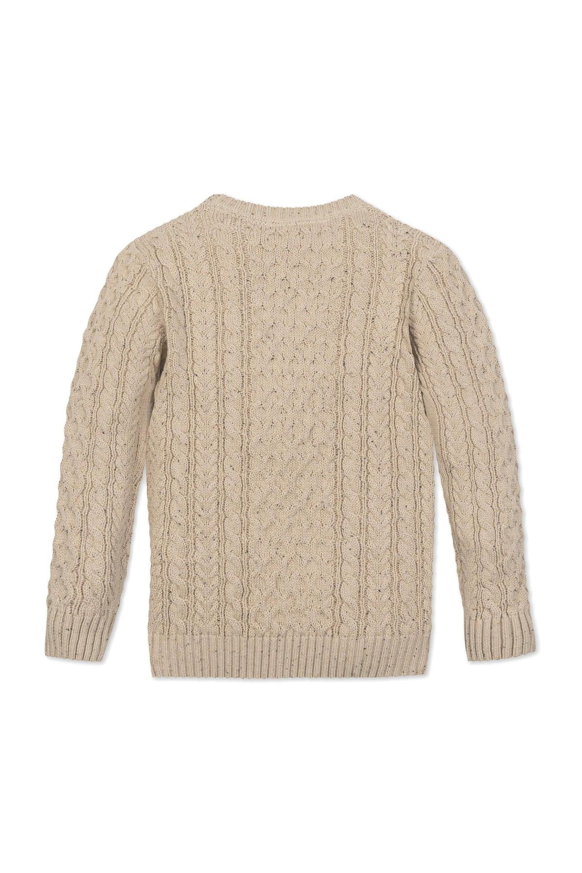 Beige organic cotton fisherman sweater featuring a textured cable knit design and ribbed cuffs, suitable for ages 5-20.