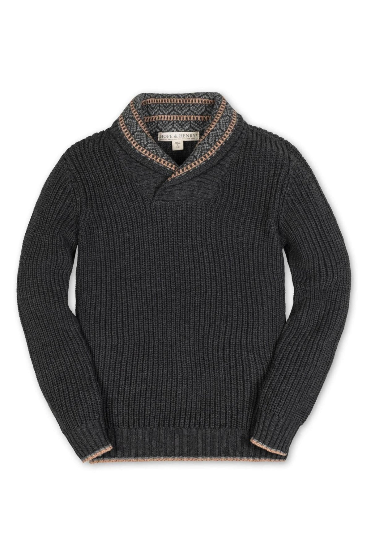Gray shawl collar sweater from Hope & Henry, featuring a textured knit design and contrasting collar detail, crafted from organic.
