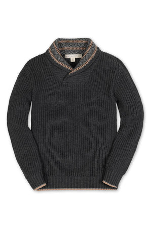 Gray shawl collar sweater from Hope & Henry, featuring a textured knit design and contrasting collar detail, crafted from organic.