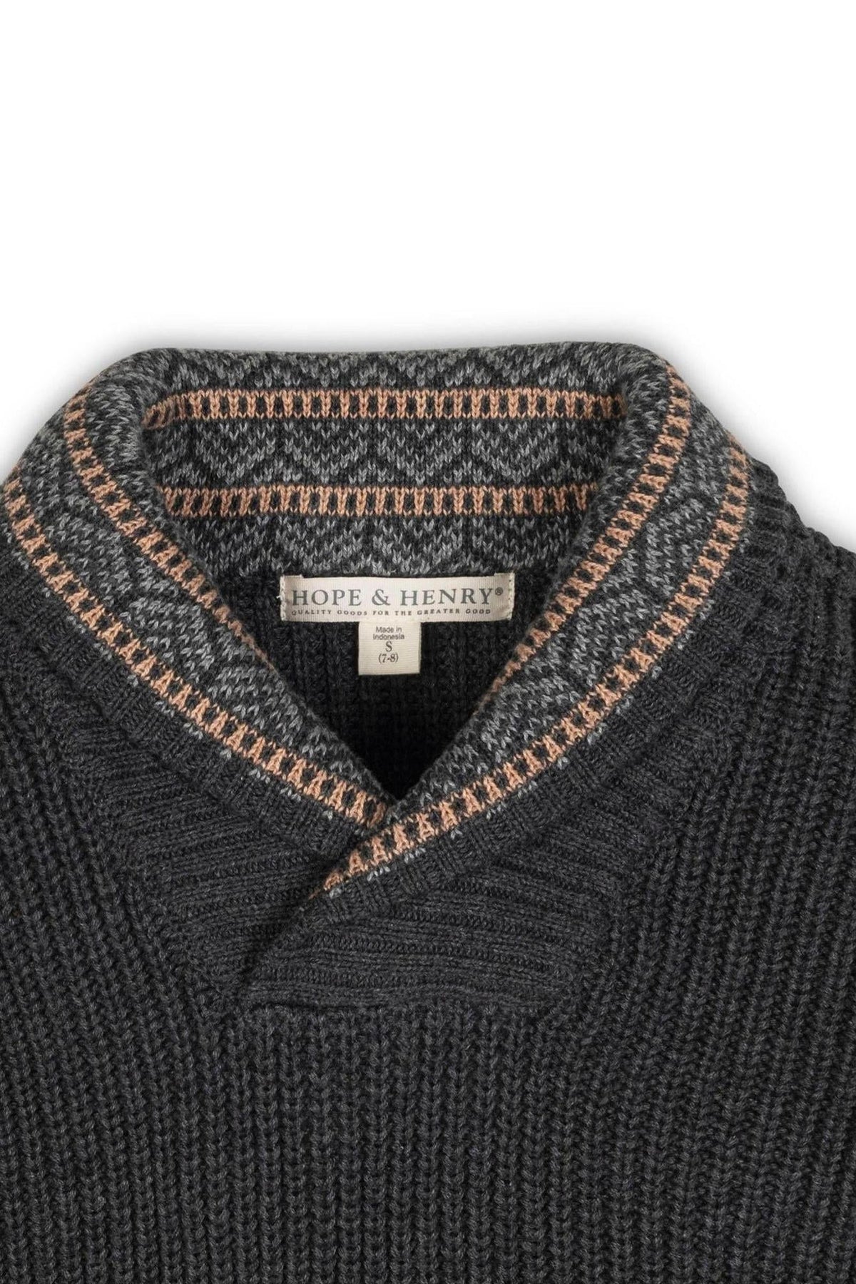 Close-up of a gray shawl collar sweater featuring a textured pattern and a contrasting striped collar, labeled Hope & Henry.