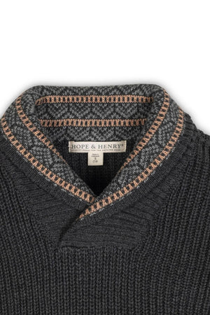 Close-up of a gray shawl collar sweater featuring a textured pattern and a contrasting striped collar, labeled Hope & Henry.