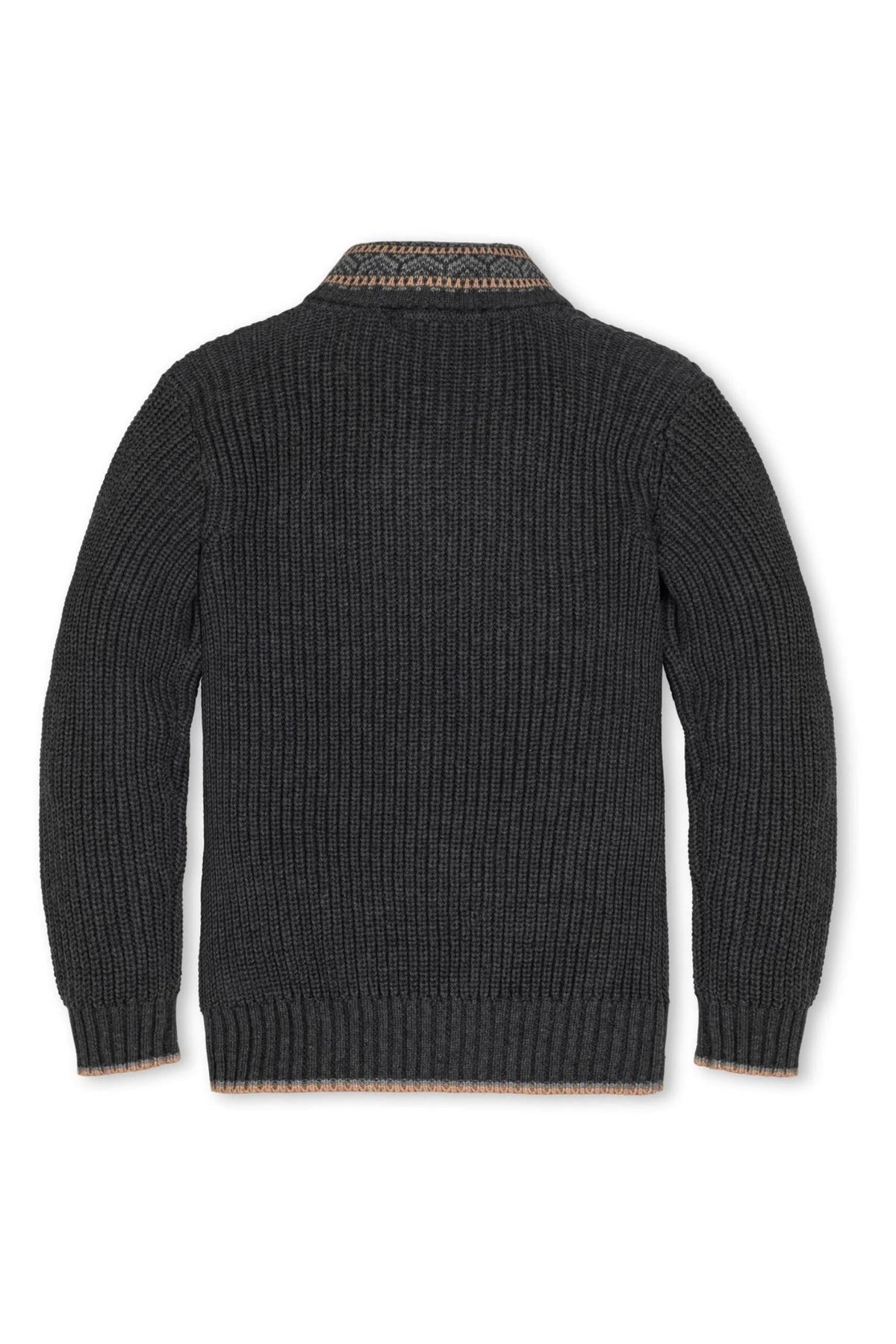 Back view of a gray organic cotton shawl collar sweater with a ribbed texture and contrasting trim at the collar.