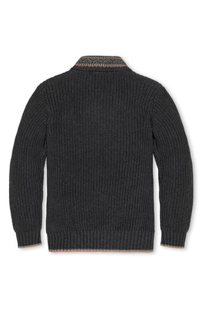 Back view of a gray organic cotton shawl collar sweater with a ribbed texture and contrasting trim at the collar.
