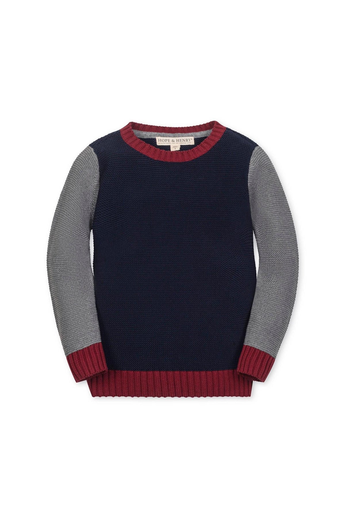 Navy and gray crewneck sweater by Hope & Henry, featuring ribbed trim and soft organic cotton material, suitable for toddlers.