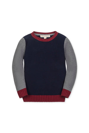 Navy and gray crewneck sweater by Hope & Henry, featuring ribbed trim and soft organic cotton material, suitable for toddlers.