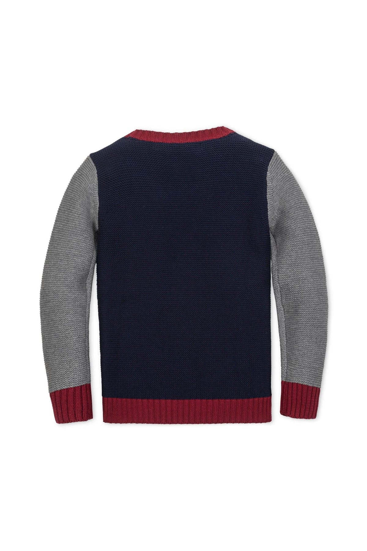 Organic cotton crewneck sweater featuring a navy body, gray sleeves, and burgundy trim, suitable for toddlers to teens.