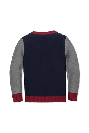 Organic cotton crewneck sweater featuring a navy body, gray sleeves, and burgundy trim, suitable for toddlers to teens.