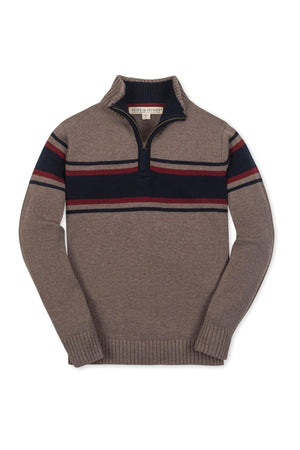 Hope & Henry taupe heather half zip sweater for boys features a ribbed mock neck and contrasting chest stripes.
