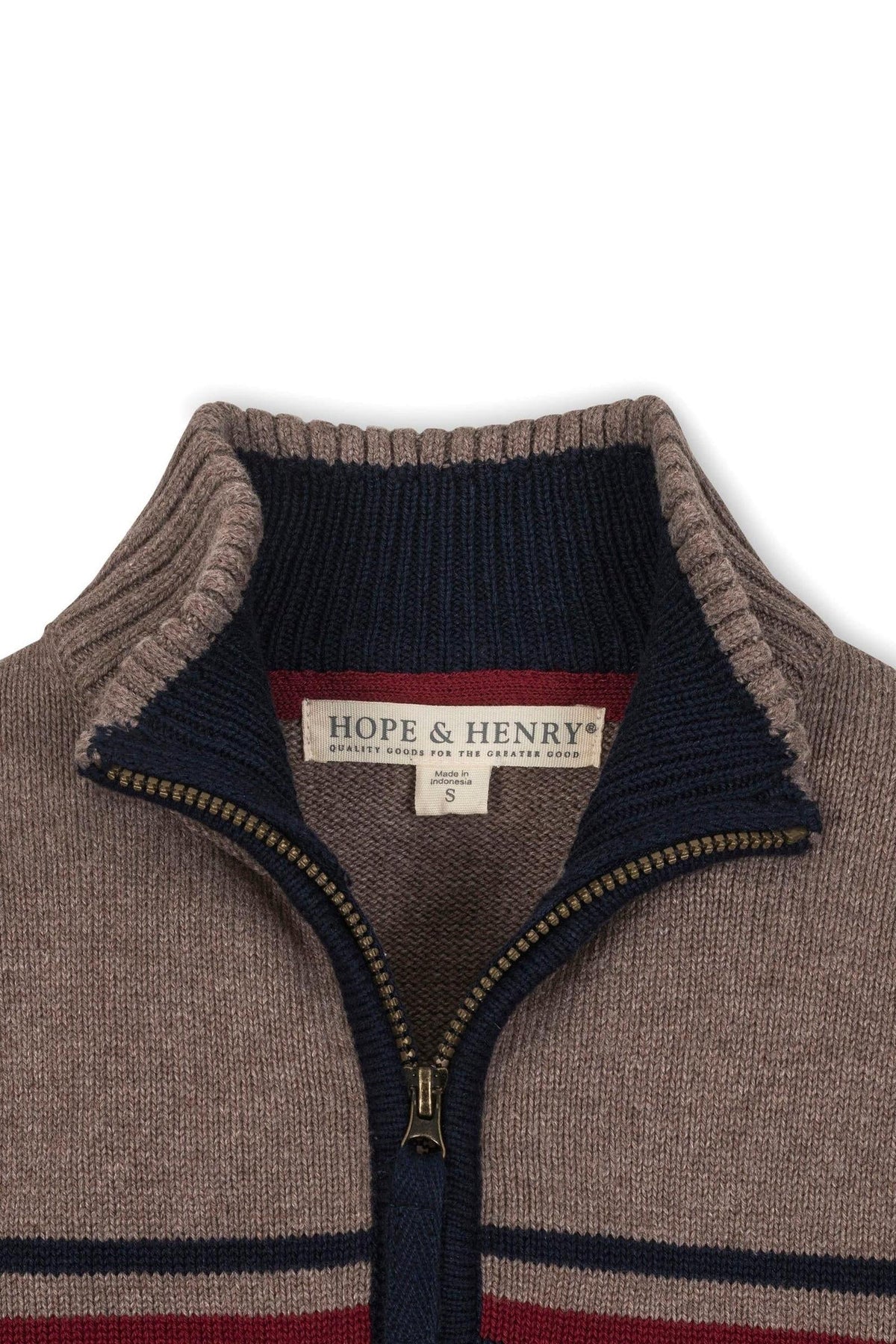 Close-up of a Hope & Henry organic cotton half zip sweater featuring a taupe heather base and navy ribbed mock.