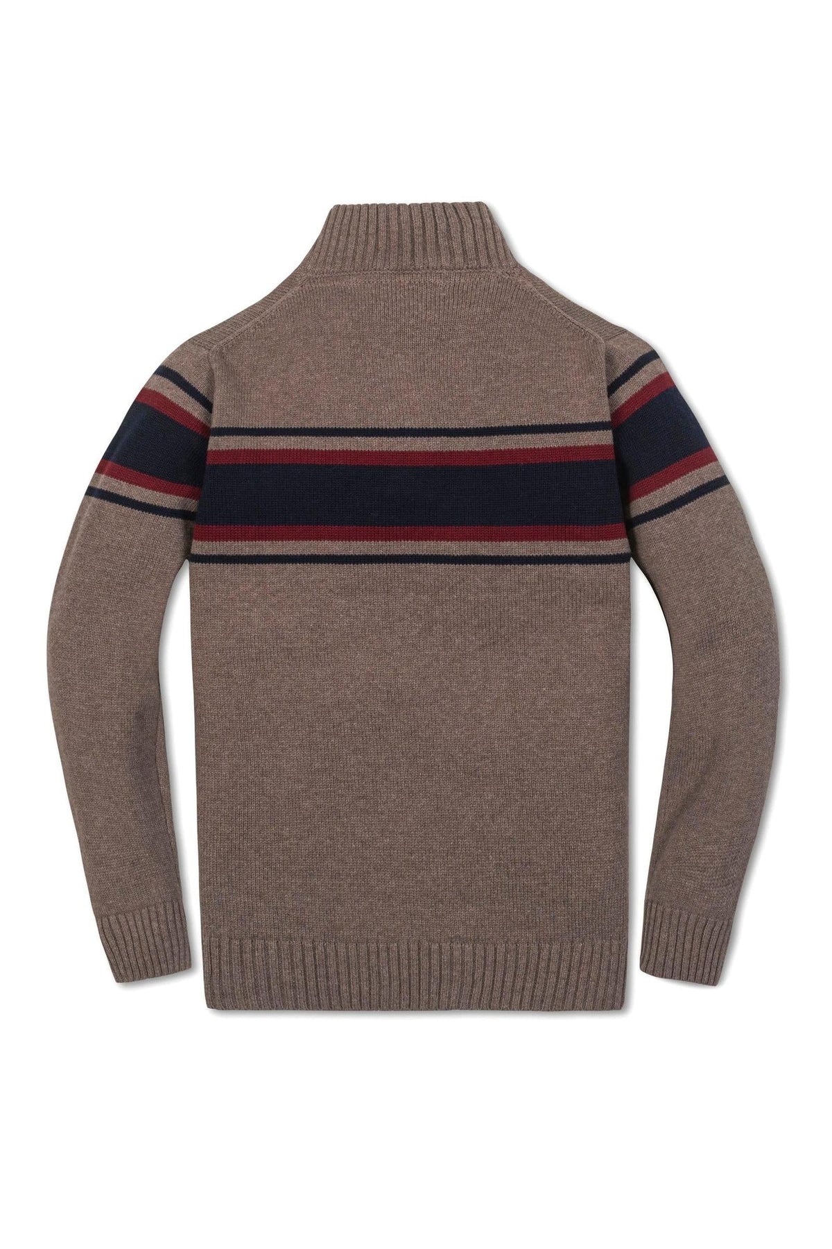 Back view of a taupe heather half zip sweater with contrasting navy and red stripes, made from organic cotton.