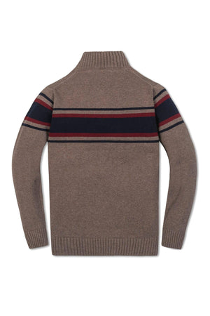 Back view of a taupe heather half zip sweater with contrasting navy and red stripes, made from organic cotton.
