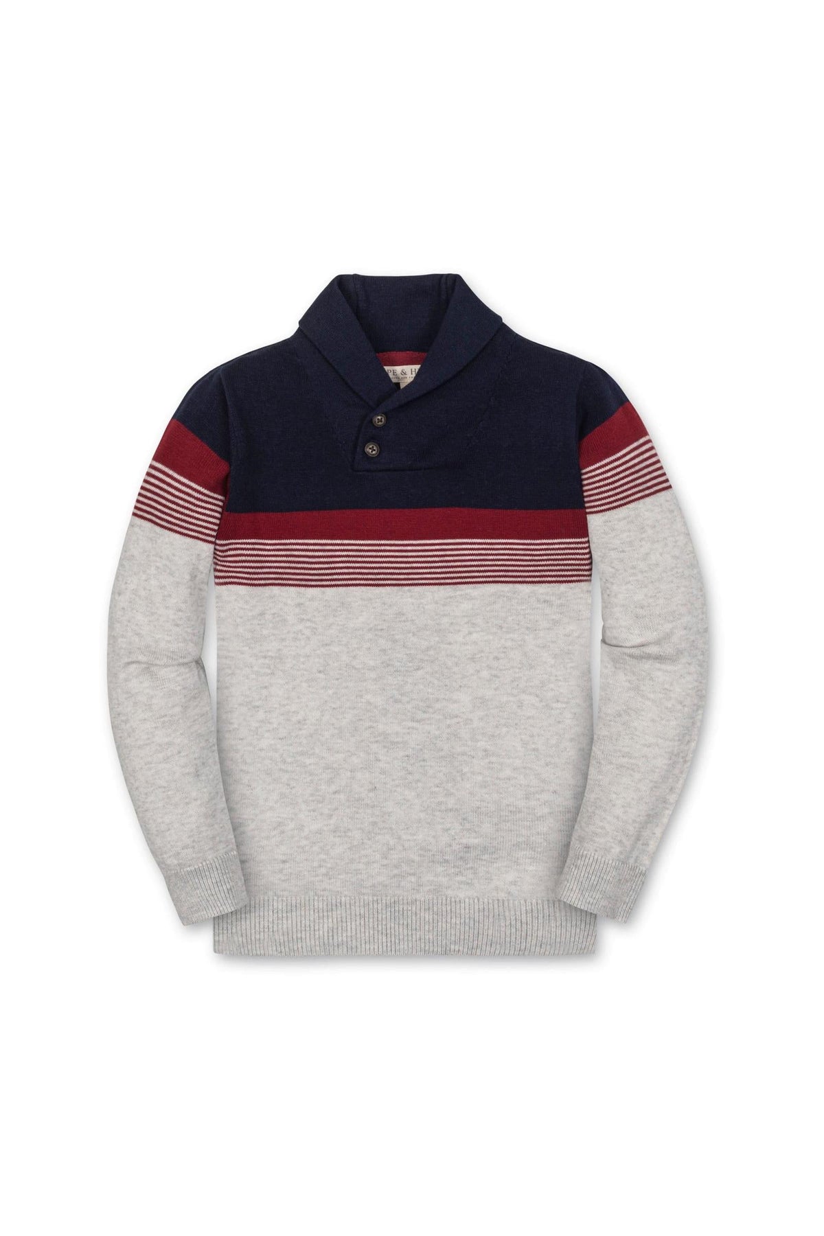 Navy and light gray striped shawl collar sweater for boys, featuring a button closure and soft organic cotton material.