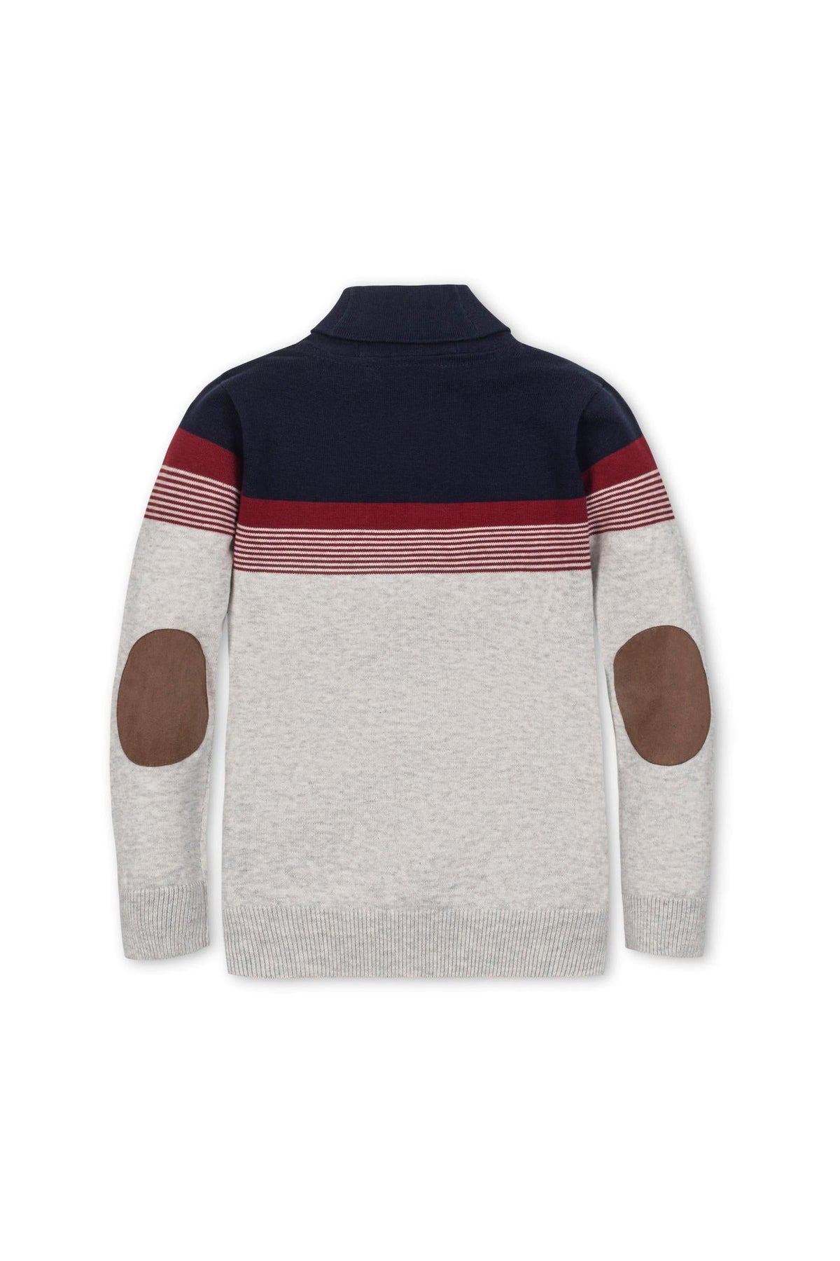 Back view of a gray and navy striped shawl collar sweater with brown elbow patches, made from soft organic cotton.