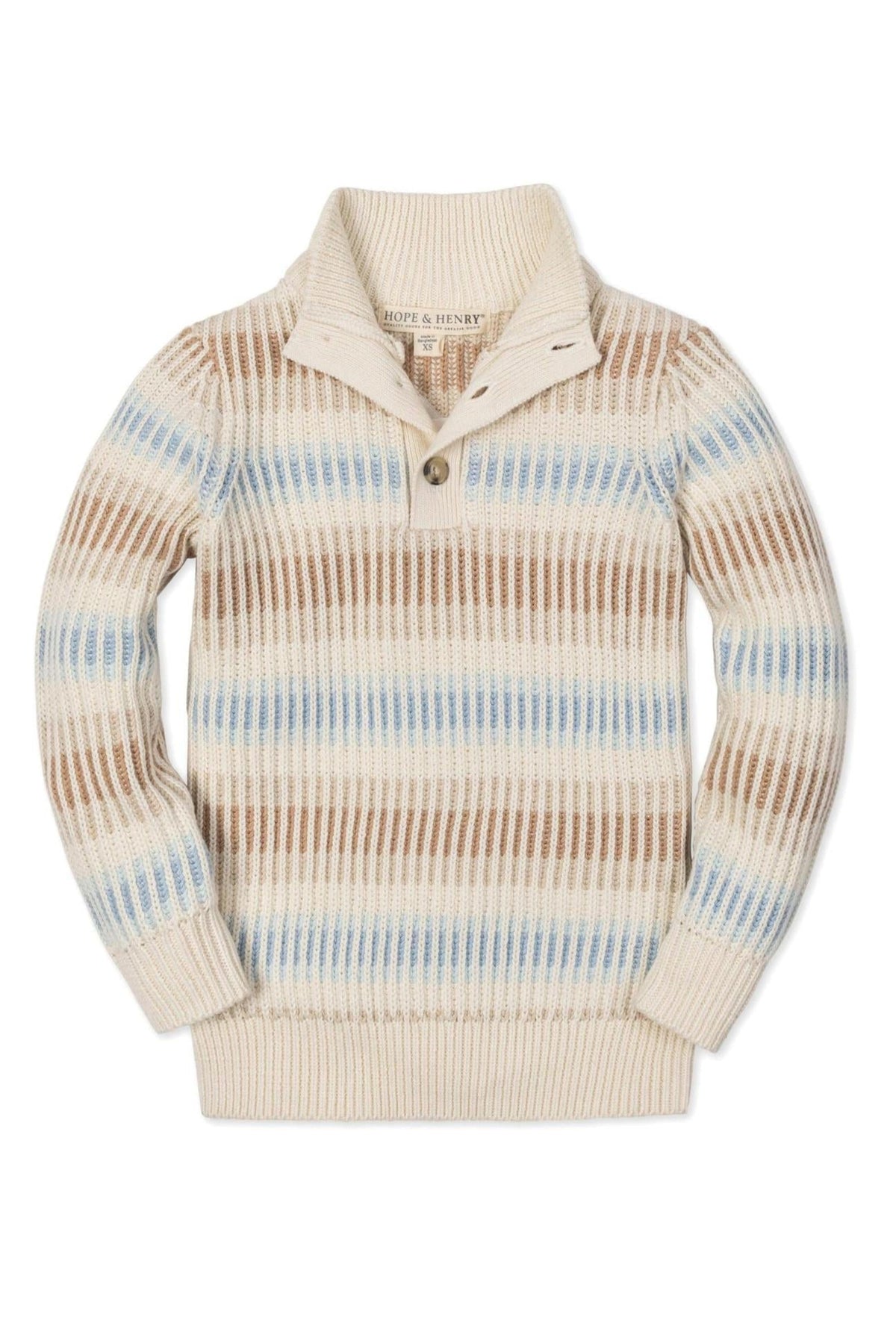 Cream ombre mock neck sweater by Hope & Henry, featuring soft organic cotton with a striped design in beige, blue, and brown tones.