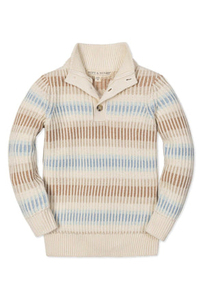 Cream ombre mock neck sweater by Hope & Henry, featuring soft organic cotton with a striped design in beige, blue, and brown tones.