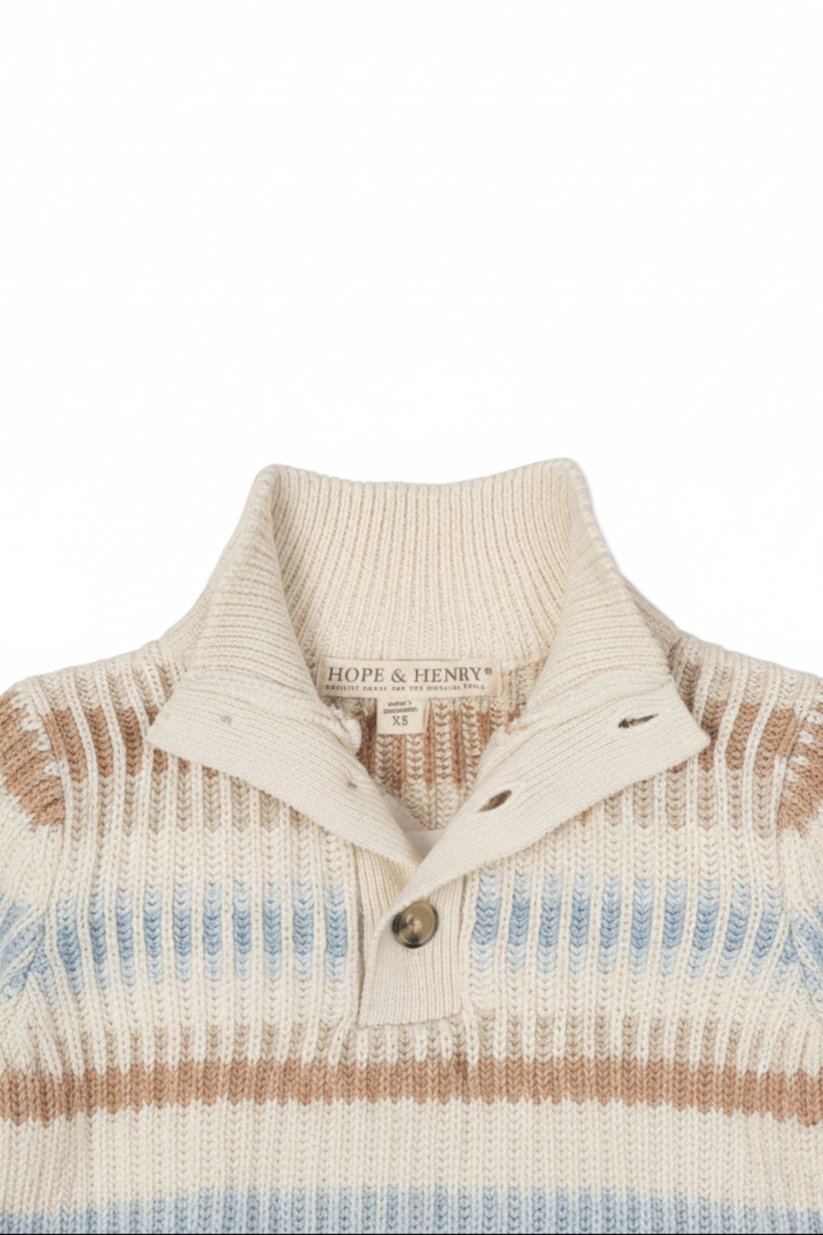 Cream ombre mock neck sweater by Hope & Henry, featuring soft organic cotton material with winter stripes in beige and blue. Ideal for toddlers and kids for cooler weather.