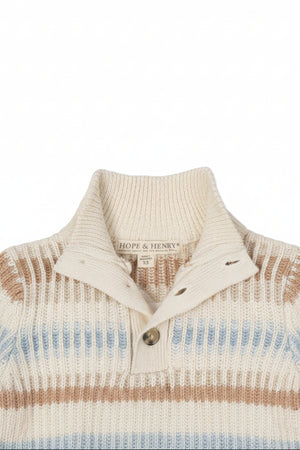 Cream ombre mock neck sweater by Hope & Henry, featuring soft organic cotton material with winter stripes in beige and blue. Ideal for toddlers and kids for cooler weather.