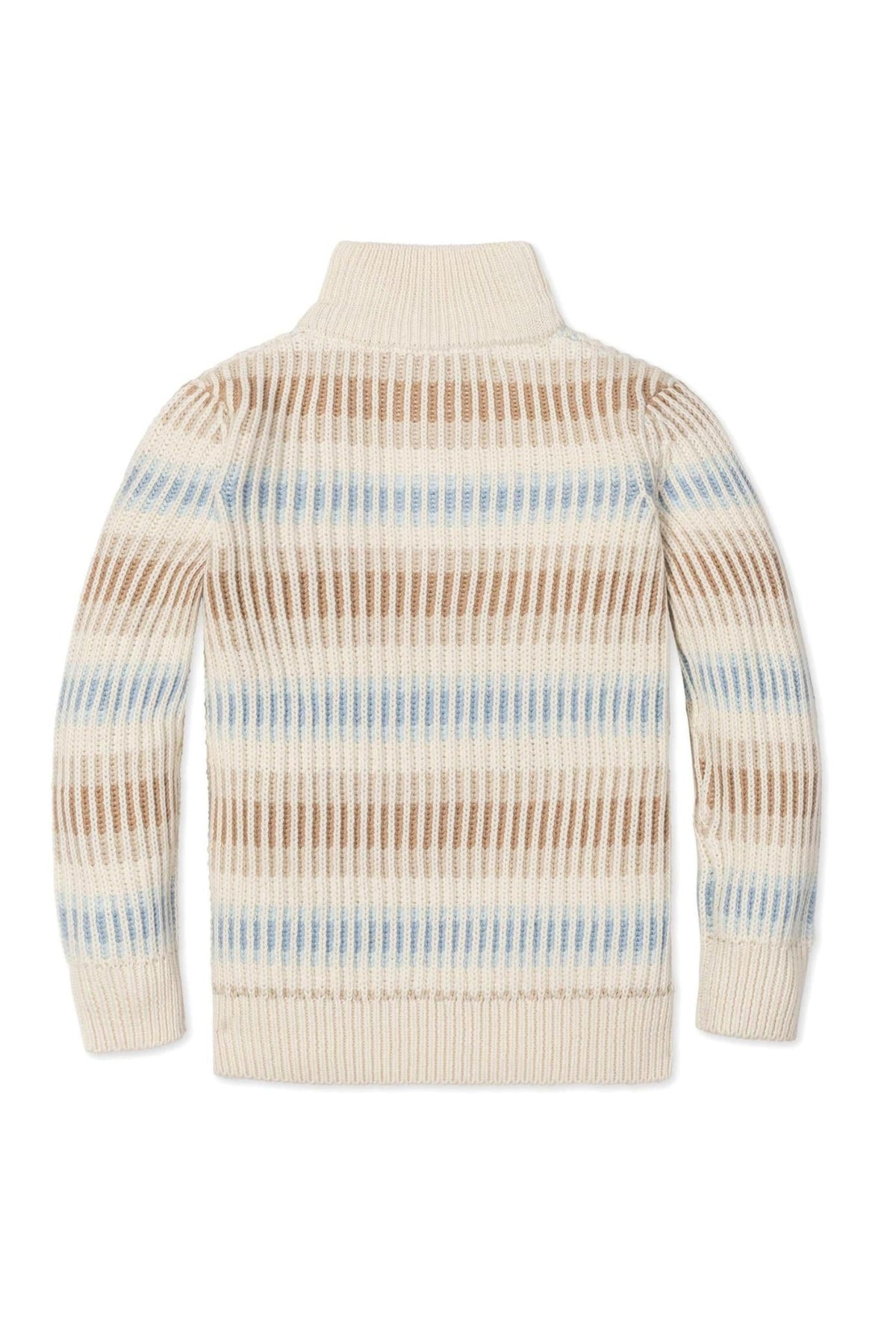 Back view of a Hope & Henry organic cotton mock neck sweater for boys, featuring a cream ombre design with brown and blue stripes.