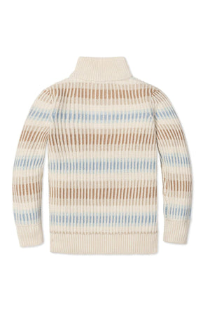 Back view of a Hope & Henry organic cotton mock neck sweater for boys, featuring a cream ombre design with brown and blue stripes.