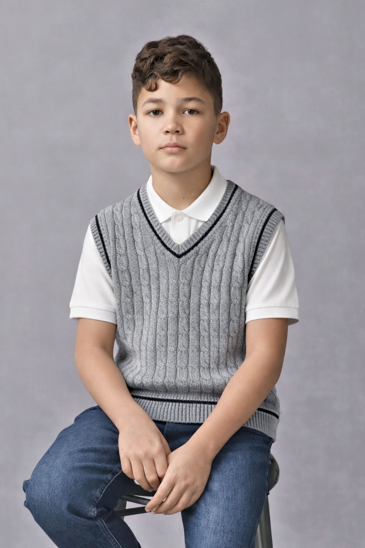 A boy wearing a gray cable-knit sweater vest over a white polo shirt, sitting on a stool against a gray.