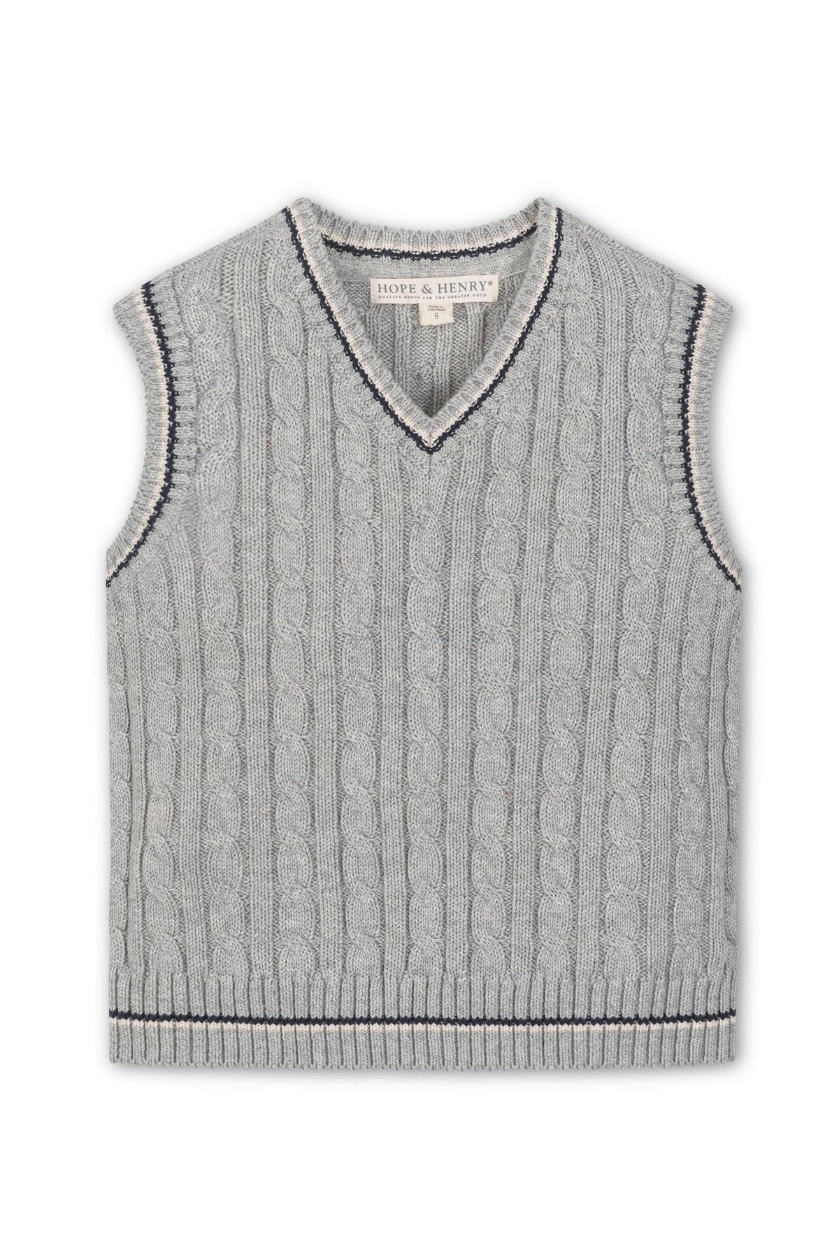 Gray cable-knit sweater vest with a v-neck design, featuring dark trim, made from organic cotton by Hope & Henry.