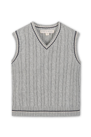 Gray cable-knit sweater vest with a v-neck design, featuring dark trim, made from organic cotton by Hope & Henry.