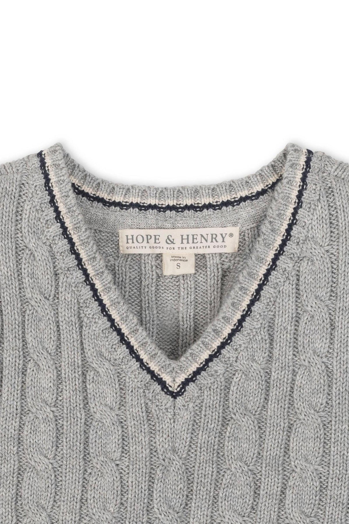Gray cable-knit v-neck sweater vest made from organic cotton by Hope & Henry, featuring navy trim detail.