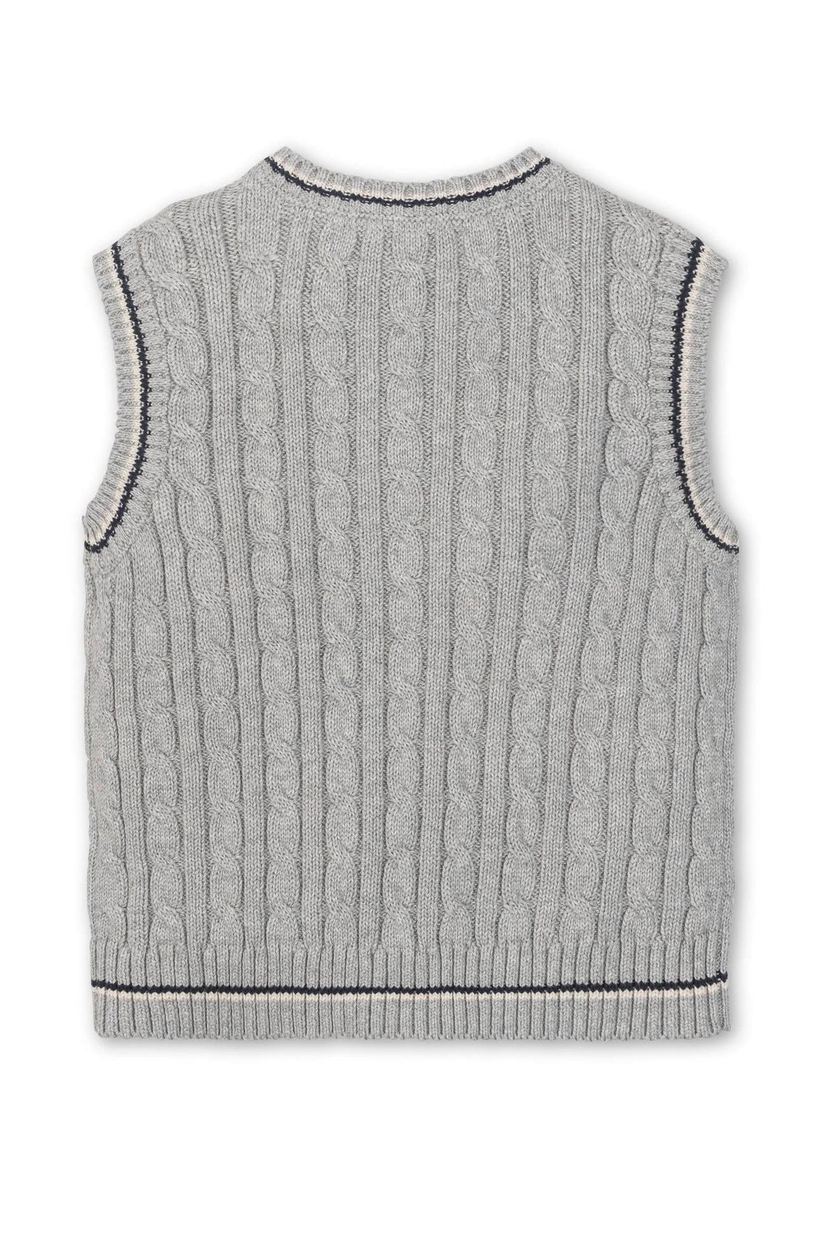 Gray cable-knit sweater vest with black trim, made from organic cotton. Suitable for boys, showcasing a classic design.