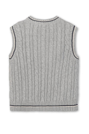 Gray cable-knit sweater vest with black trim, made from organic cotton. Suitable for boys, showcasing a classic design.