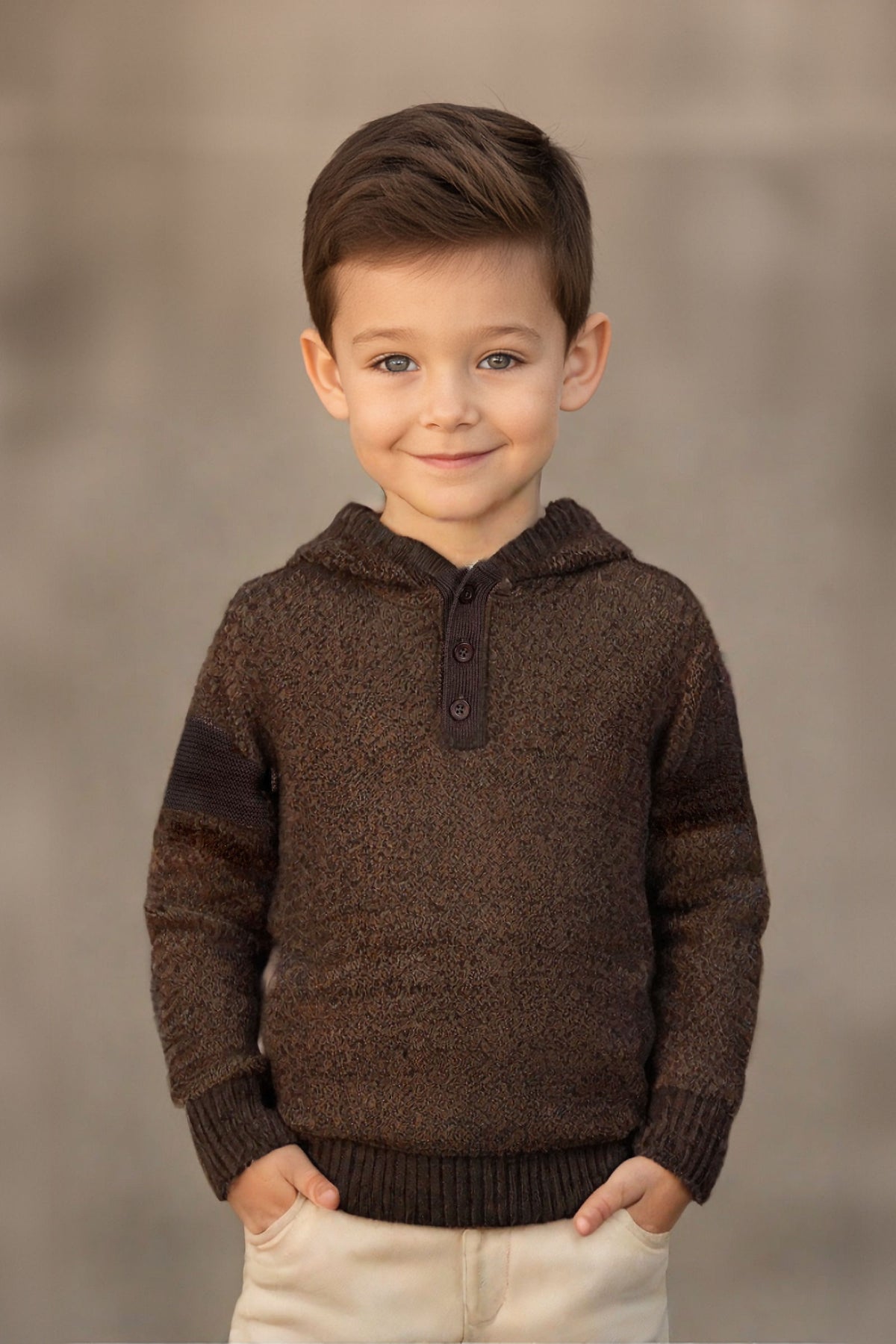 A young boy smiles while wearing a chocolate brown hooded sweater with a henley placket, set against a neutral background.